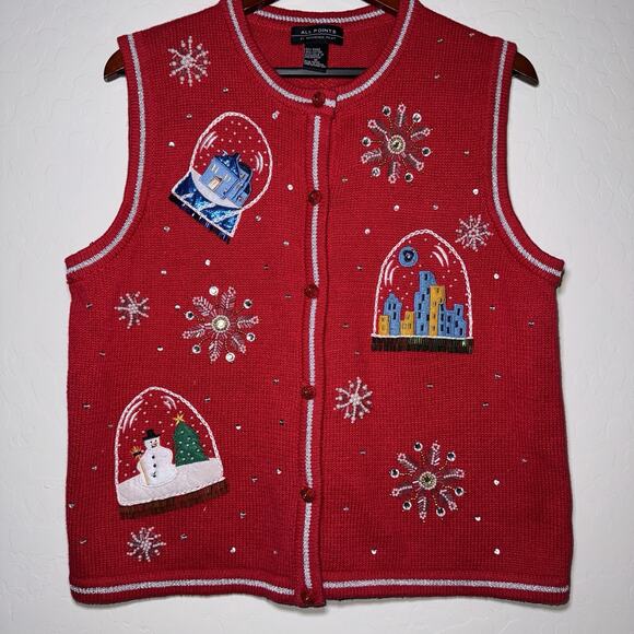 All Points Womens Beaded Embroidered Holiday Snow Globe Sweater Vest Red Medium - Picture 1 of 10